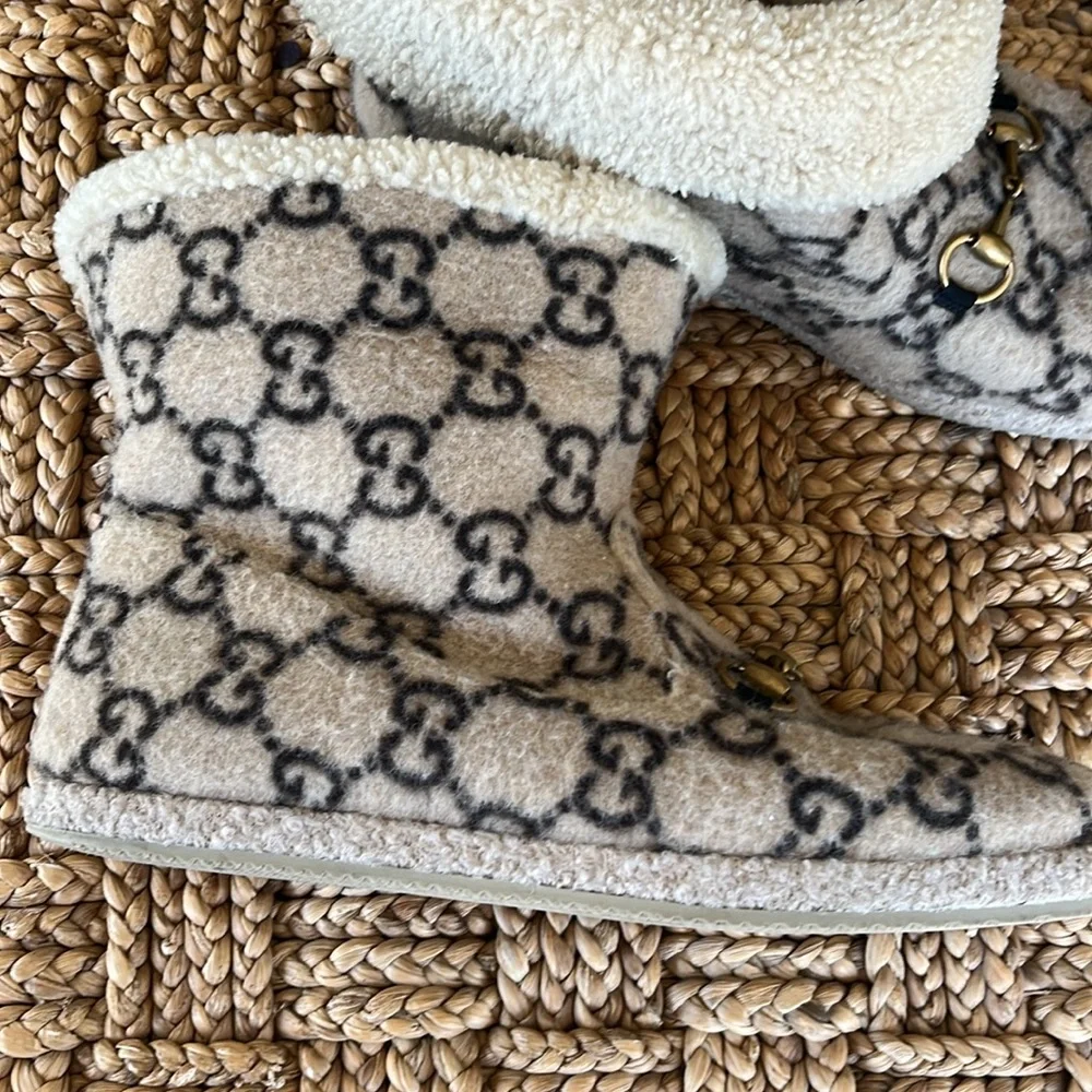 Gucci Beige GG Shearling Horsebit Boots